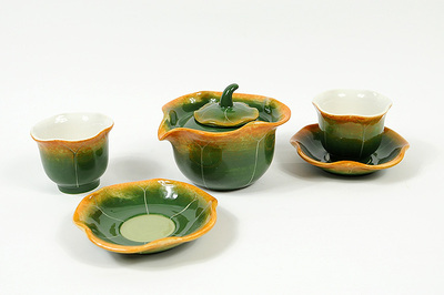 外贸陶瓷精致手绘荷塘风格荷叶茶具 茶杯 茶碗 礼品(有包装盒)