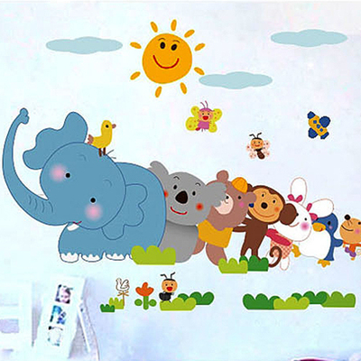 小动物派对墙贴 幼儿园学校儿童宝宝房卡通可爱q版大象狮子墙贴纸