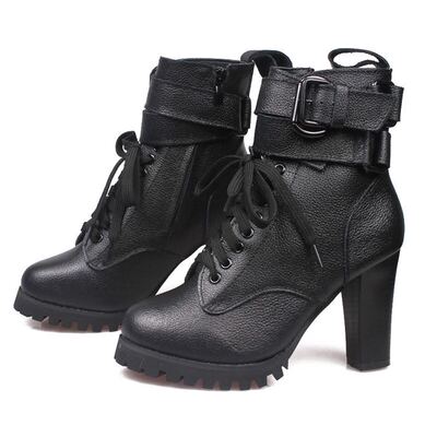 超级稳粗跟高跟罗马女绑带真皮军靴短靴女靴