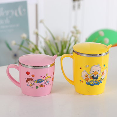 304不锈钢儿童杯子带盖带柄喝水口杯幼儿园杯塑料水杯防摔保温杯