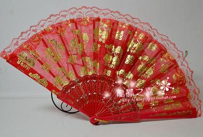 婚庆用品 中式大红结婚扇 嫁妆红扇子 高档蕾丝折扇 红色新娘扇子