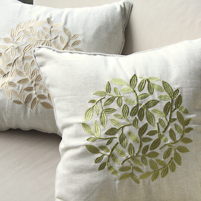 棉麻刺绣靠垫现代简约布艺抱枕绣花美式沙 发靠枕植物刺绣靠包