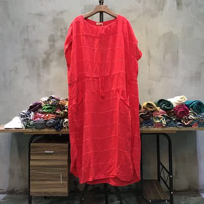 【gaga】夏女装简约拼条系带收腰修身显瘦棉麻宽松休闲麻料连衣裙