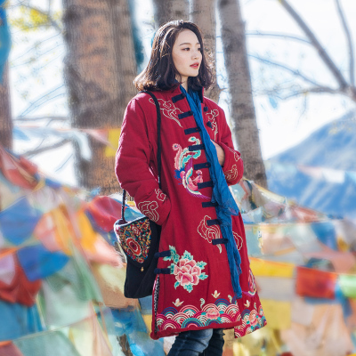 尤瑾2015民族风女装秋冬装刺绣花长款棉衣复古唐装中国风棉袄外套