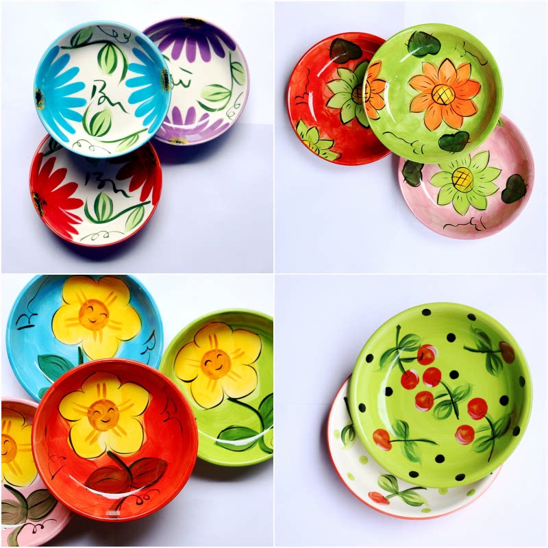 瑕疵特价 创意手绘樱桃陶瓷彩色盘子碟子家用点心水饺盘个性