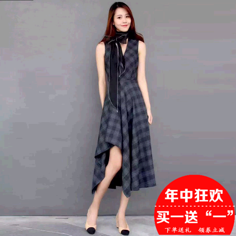 阿玛施2016秋款新品女装正品格子无袖不规则下摆连衣裙500502
