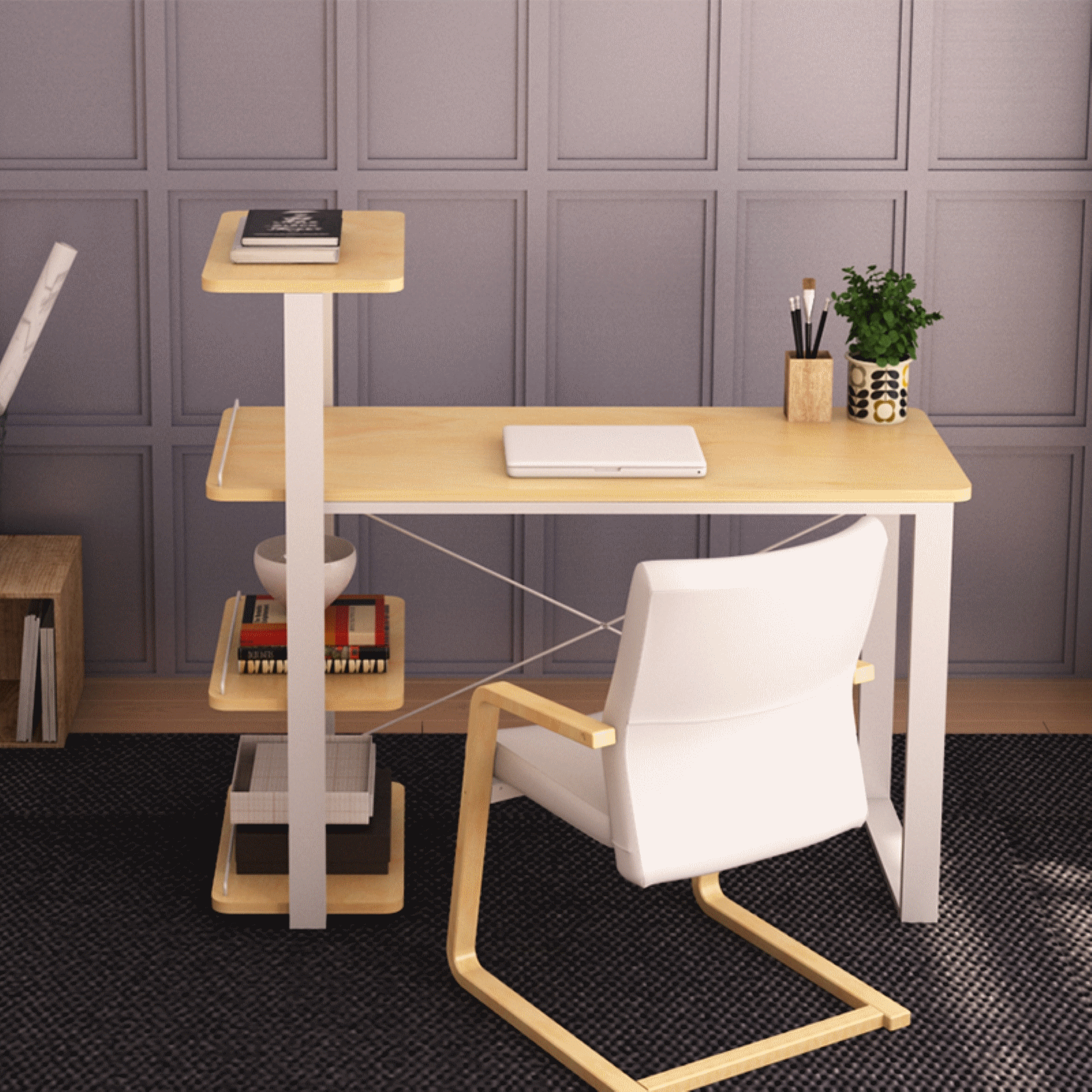 潮土简约现代电脑桌家用台式书柜小书桌书架组合简易办公桌写字台