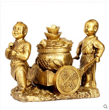 开光纯铜运财童子推车送财摆件招财招贵人家居风水摆件