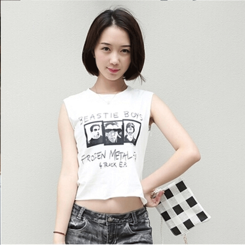 2015夏季复古头像短装t恤夏女修身 短款露腰露脐无袖上衣砍袖背心