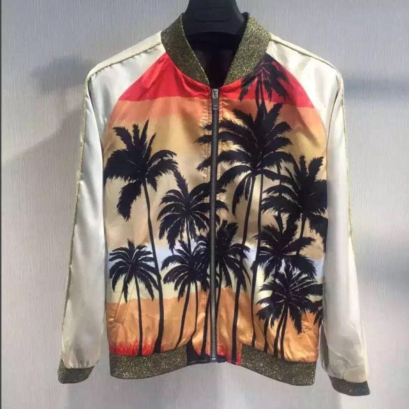 欧美潮牌秋冬日落椰树印花真丝夹克 修身男女同款短款外套情侣装