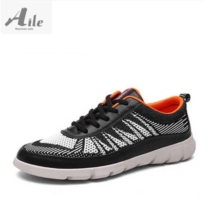 aile爱乐夏季透气男鞋休闲鞋网布网面飞线针织运动鞋子男款真皮潮