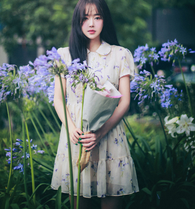 韩国官网代购milkcocoa甜心少女娃娃领紫色碎花单排扣花边连衣裙