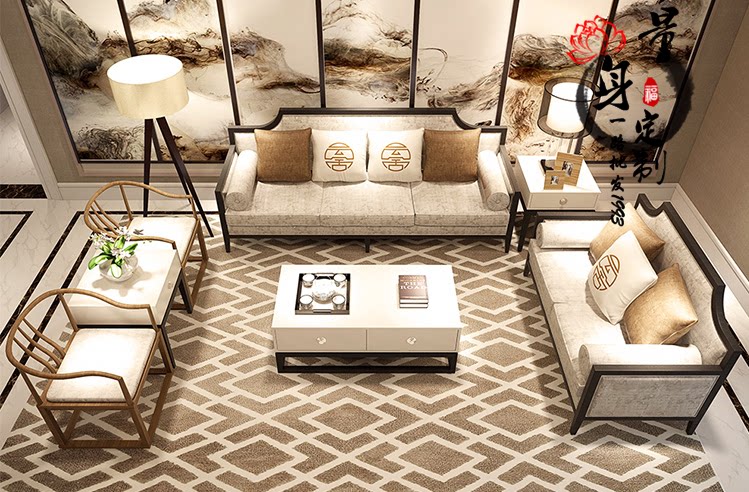 新中式客厅三人布艺沙发组合现代中式样板间样板房全套家具可定制