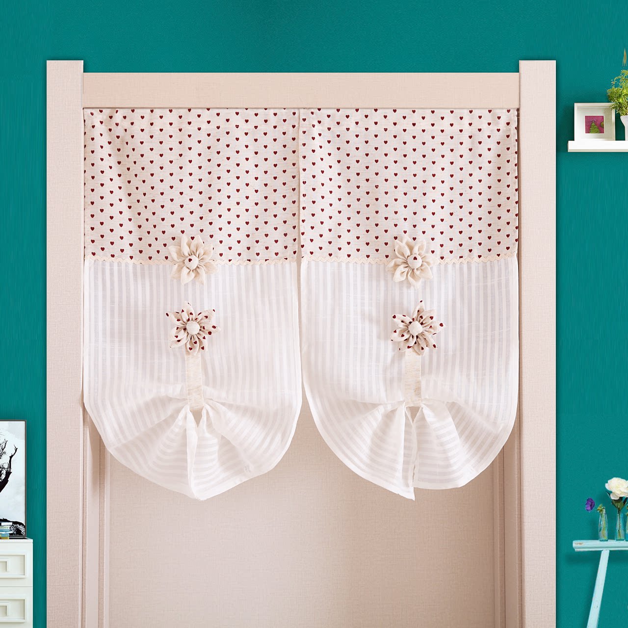 送杆韩式纱门帘气球帘升降布艺田园隔断帘卧室厨房卫生间蕾丝门帘