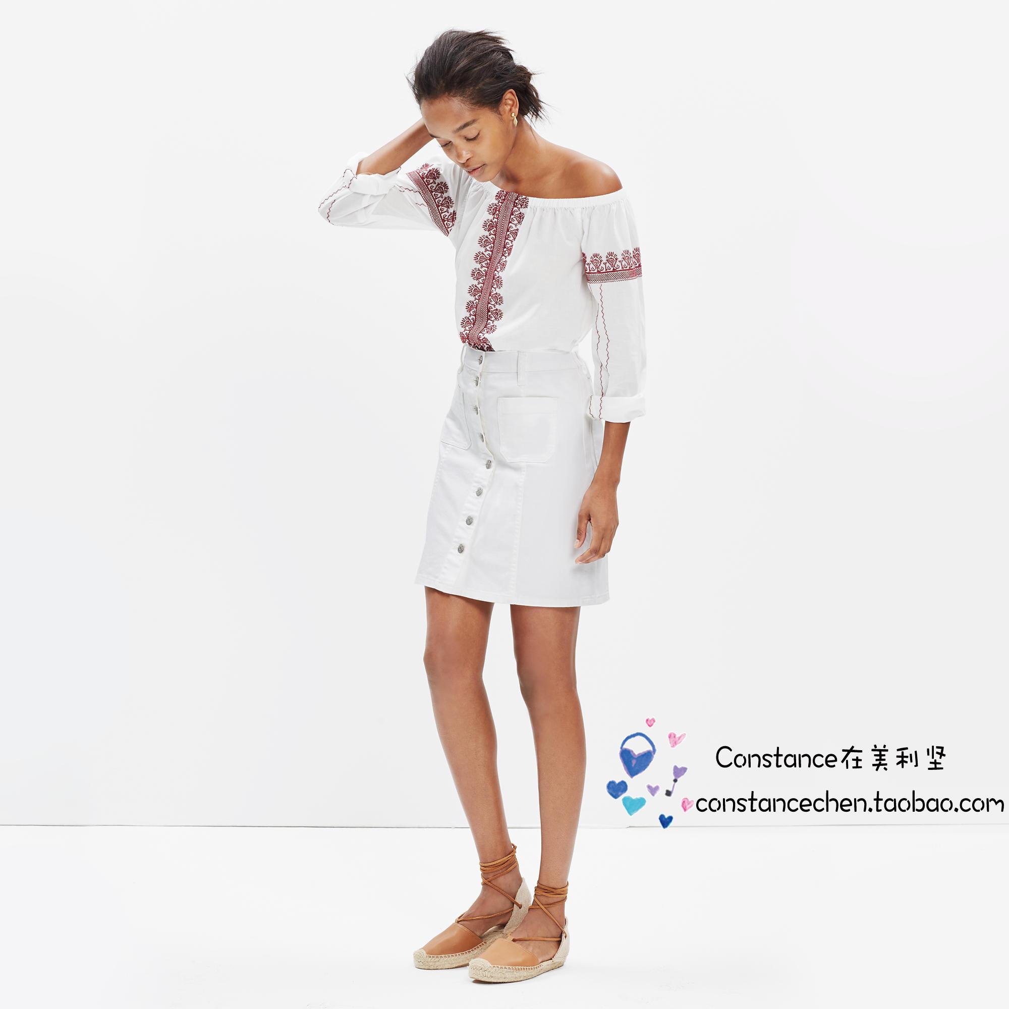 新款代购 madewell denim button-front skirt 纯白牛仔半身裙