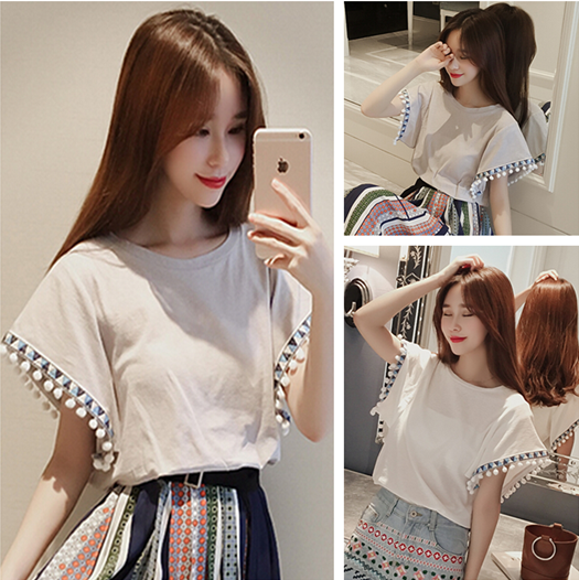 非主流女装90后夏天衣服修身袖边挂饰上衣女姐妹装夏装蘑菇街衣服