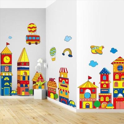 大型城堡卡通建筑墙贴纸s儿童房间布置装饰品幼儿园建构区墙面贴