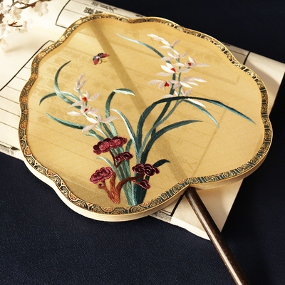 扇子绣花宫妃竹手绣苏绣古代汉服寿桃湘扇团扇古典双面刺工扇宫.