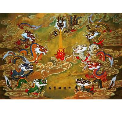 九龙戏珠壁纸中式古典龙纹吊顶壁画佛堂k寺庙九龙拥宝图背景墙布