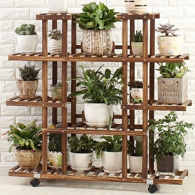 000人付款淘宝加轮加固防倾斜实木花架多层落地花盆架子高o低盆景架