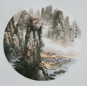 名家 白雪石 风格【26】山水x 国画 漓江秋景  手绘 四尺斗方圆形