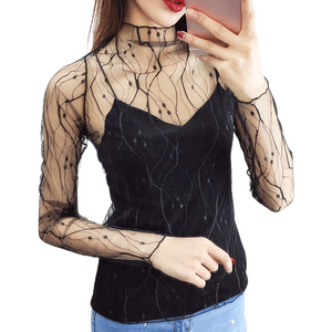 网状上衣女黑纱透视镂空夏沙衣服薄纱罩衫透明网纱打底衫纱网上衣 - 