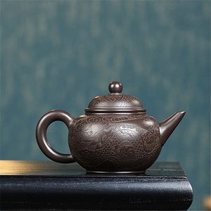 新款宜兴紫砂壶 原矿黑泥全手工刻绘龙纹水平壶250cc9孔出水茶壶