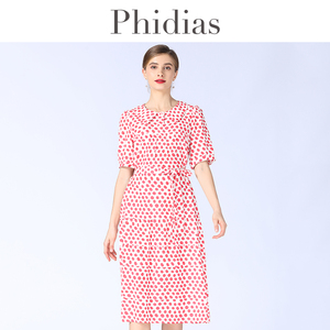 Phidias2023春夏新款大码女装法系温柔风波点过膝碎花中长连衣裙