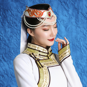 高档正品蒙古f族筷子舞顶碗舞蹈头饰帽子蒙古袍演出民族服装配饰