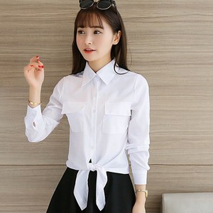 下摆打结衬衫女长袖修身显瘦百搭系腰带绑带上衣春秋白色系带衬衣