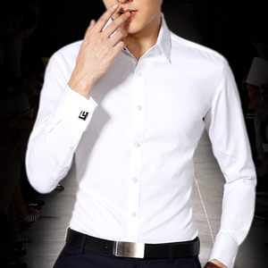 西服法式衬衫男长袖修身青年白领双叠袖扣高领村衫袖口寸衫衣西装