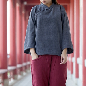 忆绵原创复古灯芯绒斜襟盘扣短衫棉中式立领衬衫春秋女宽松版2018