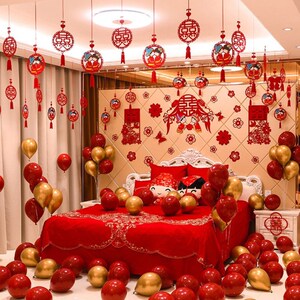 中国风扇花婚房装饰男方家新郎结婚布置农村拉花家居客厅套装创意