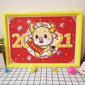 纽扣画亲子春节儿童新年挂饰手工diy幼儿园牛年门贴装饰3d立体