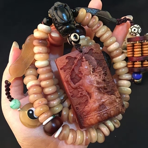 驼骨血料108颗佛珠手链搭配牛角算盘背云念珠保真驼骨毛衣链