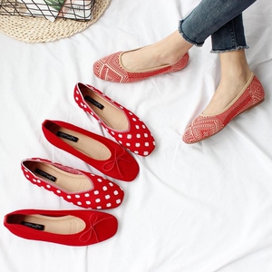 2020春款韩版方头针织布浅口低跟平底软底波点透气单鞋芭蕾舞女鞋