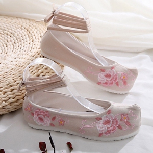 高档新品春夏秋古风布鞋子鲛人泪襦裙汉服搭配鞋绑带女单鞋平底绣