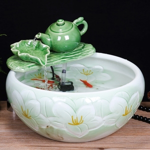 高档高端陶瓷鱼缸家用流水喷泉缸大号养鱼盆摆件客厅加湿造景高端