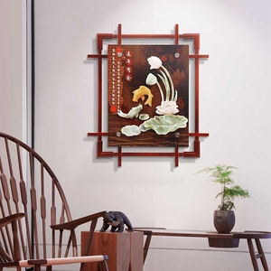 高档玉雕装饰画客厅沙发背景墙镂空雕刻立体浮雕古典竖版实木装饰