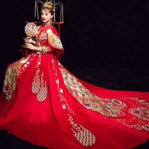 婚纱一字肩长拖尾显瘦中式复古宫廷森系公主梦幻奢华婚纱0人付款2596