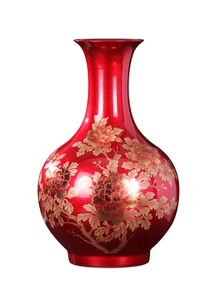 高档景德镇陶瓷器花瓶摆件中国红色插花中式家居客厅装饰品工艺品