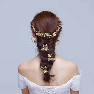 新娘子摄影复古酒红中式韩式配饰金叶饰发饰发带头花结婚饰品