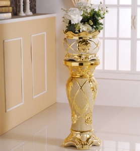 高档陶瓷欧式奢华罗马柱落地大型客厅高档创意电镀金砂花瓶摆件装