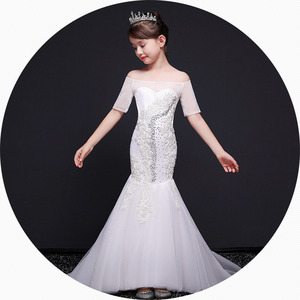 儿童婚纱2022新款中小童模特演出鱼尾白色欧美走秀公主裙儿童礼服
