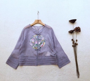 团花刺绣一字扣古典素雅暗纹桑蚕丝夏唐装上衣罩衫复古女装2019