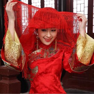 结婚红盖头新娘中式刺绣盖头纱流苏用品蒙头半透明出嫁高档蕾丝婚