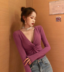 秋季新款直播主播深v上镜低胸衣服装显胸大性感 诱惑夜店上衣女装