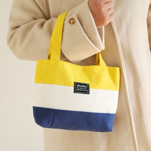 小清新帆布手提包布艺拼接女士手提袋妈咪手拎包学生手提小布袋