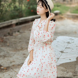 小个子碎花雪纺连衣裙女2018春夏新款中袖收腰显瘦中长款印花裙子