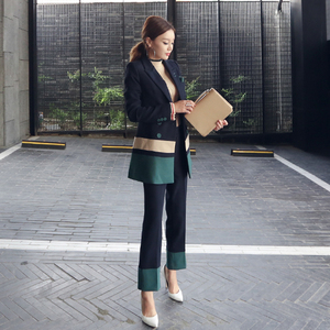 2018秋季新款女装韩版套装气质撞色中长款西装外套修身长裤两件套